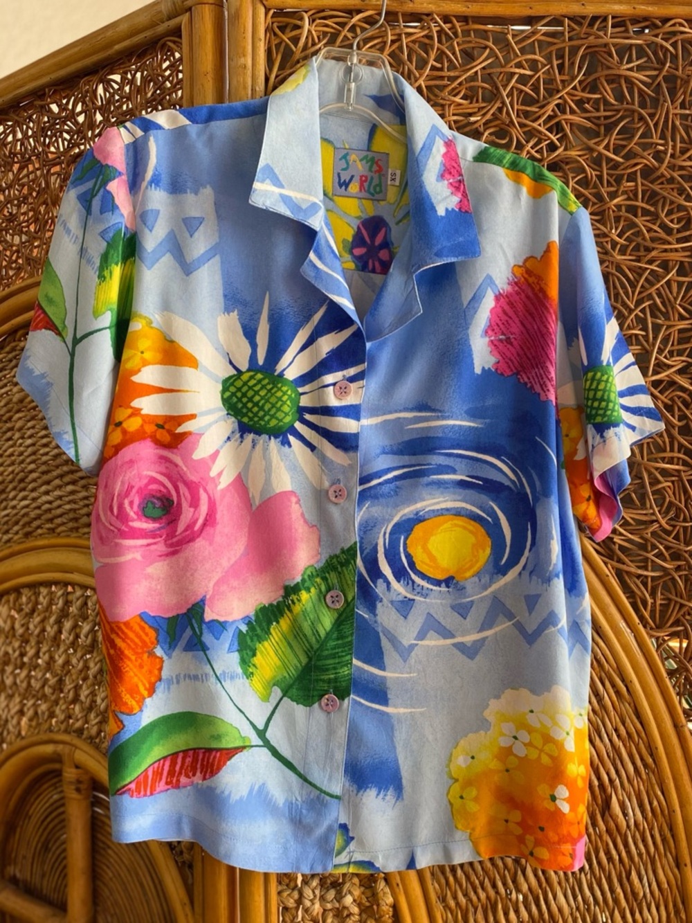 Jams World Light Blue Floral Hawaiian Print Shirt Size XS Excellent Condition